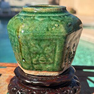 Antique 20th C Chinese Hexagonal Green Glazed Pot • Relief Floral Panels